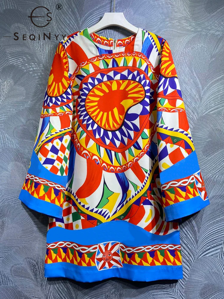 

SEQINYY Elegant Mini Dress Spring Autumn New Fashion Design Women Runway Sicily Vintage Flower Plaid Print Flare Sleeve