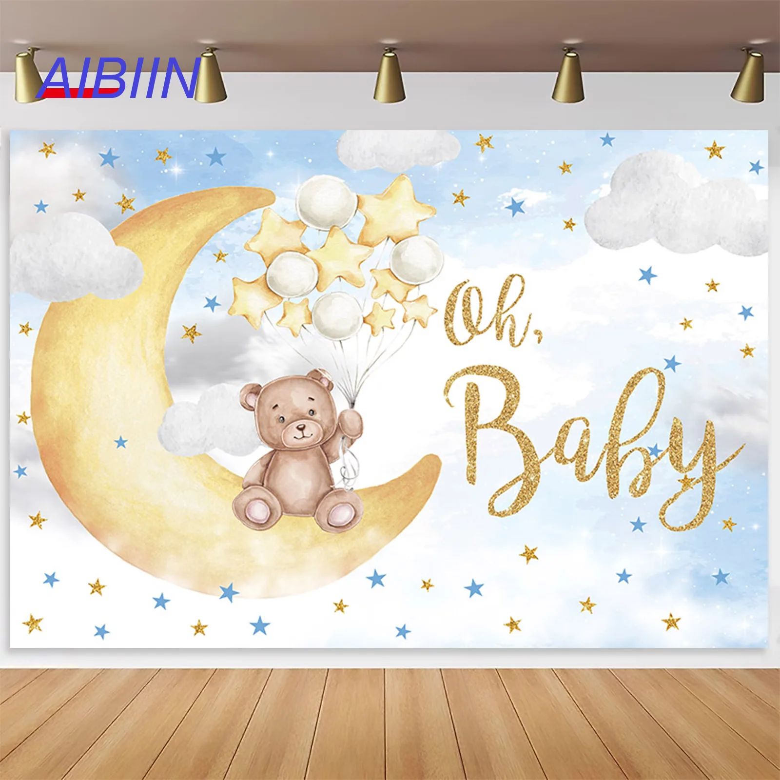 

AIBIIN Oh Baby Shower Backdrop White Clouds Little Bear Sits on the Moon Gold Stars Party Decor Photography Background Photozone
