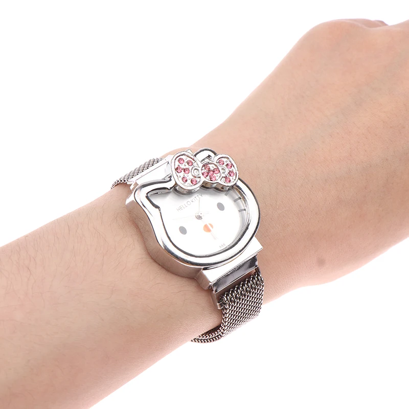 

Часы с бриллиантами Hello Kitty с бантом в виде кошки кавайные розовые женские золотые серебряные металлические ювелирные изделия Мультяшные магнитные часы для дня рождения девушки