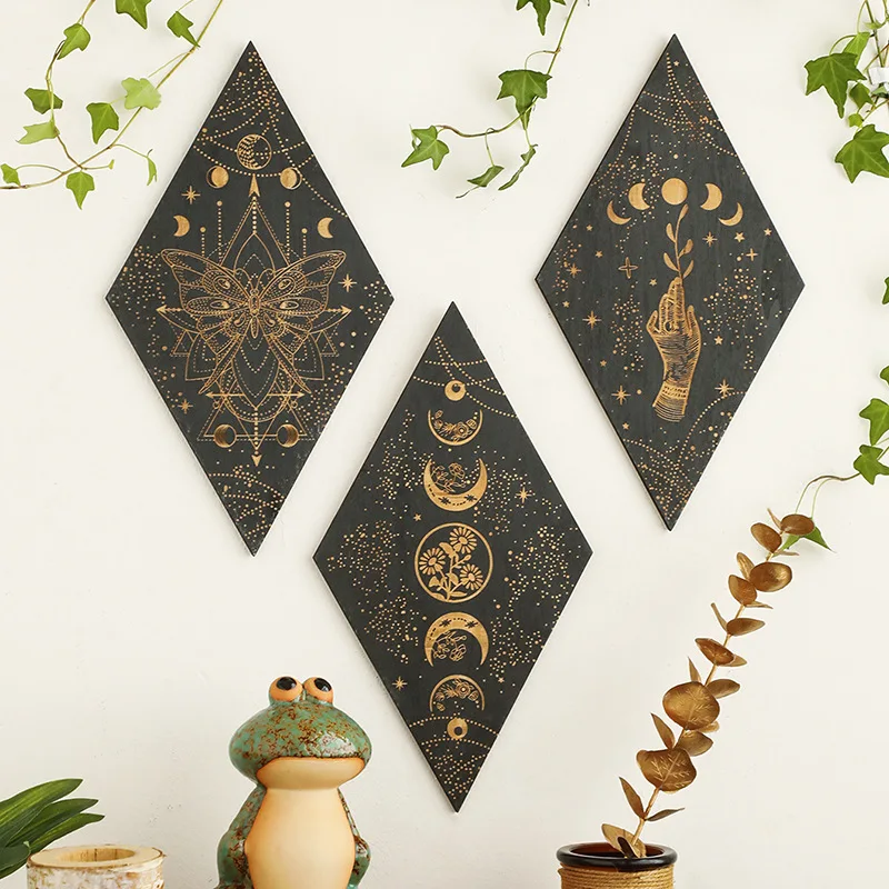 

Black Wooden Moon Phase Wall Decor Rhomboid Wall Art Boho Home Decoration Witch Wall Hanging Decor Room Decors Aesthetic Gifts
