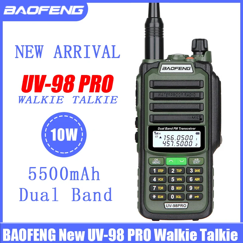 BAOFENG Original UV-98 PRO Waterproof Walkie Talkie 10W Dual Band Long Range Communication Radios UV98PRO Army Green 2Way Radios 2