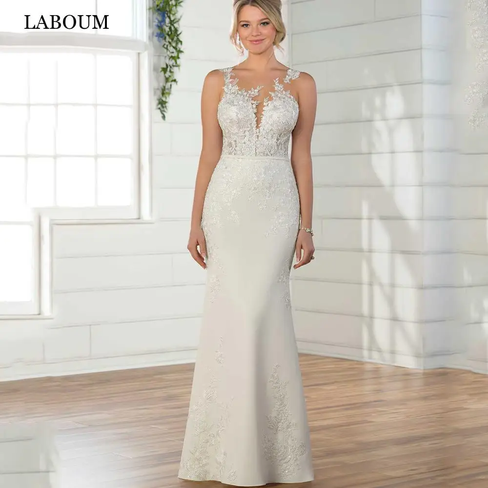 

LaBoum Elegant O-Neck Mermaid Wedding Dresses Lace Appliques Sleeveless Backless Bridal Gowns Satin Custom Made Robe De Mariée