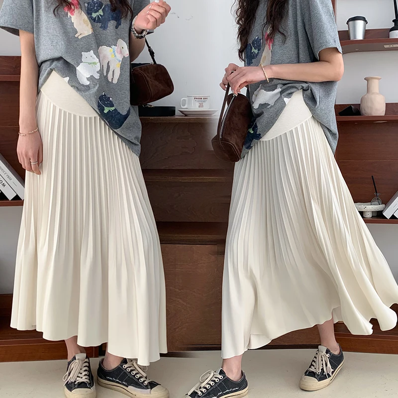 Korean Style Pregnant Woman Pleated Skirt Solid Color High Waist Long Loose Maternity Belly Skirts Pregnancy Satin Pleated Skirt