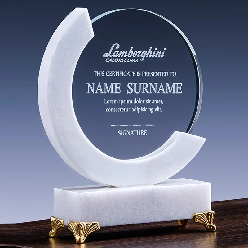Customized Award White Marble Trophy, Wooden Crystal Trophy, Creative, High-End Honor, authorization Card, Round Trophy, 1Pc