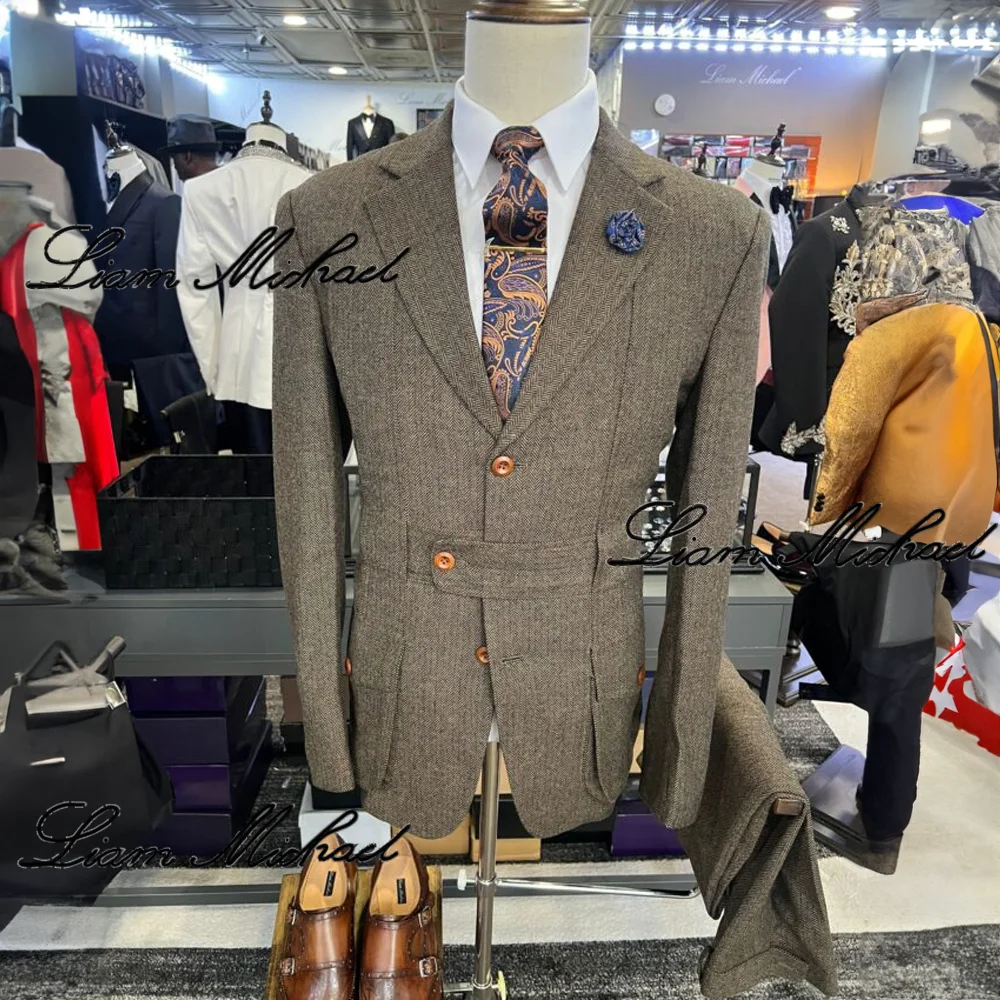 Men's Vintage Suit 2 Piece Herringbone Jacket Pants Formal Office Workwear Wool Party Dress Groom's Tuxedo