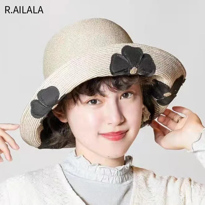 

New Japan Ca4 The Same Straw Hat Female Summer Travel Sunscreen Fisherman Hat Sunshade Patch Small Flower Big Edge Basin Sun Hat