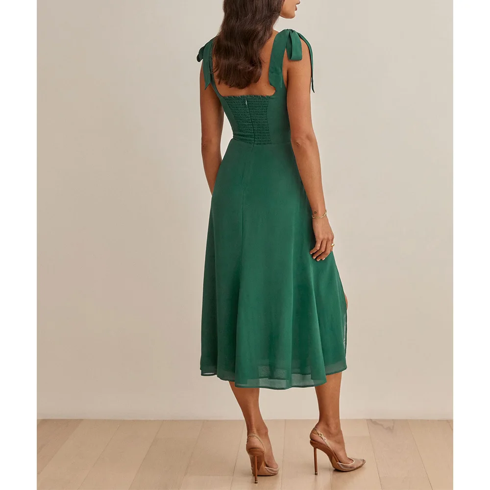 

Dresses For Women 2022 Party Elegant Vintage High Slit Sexy Midi Square Neck Sleeveless Tie Strap Summer Clothes