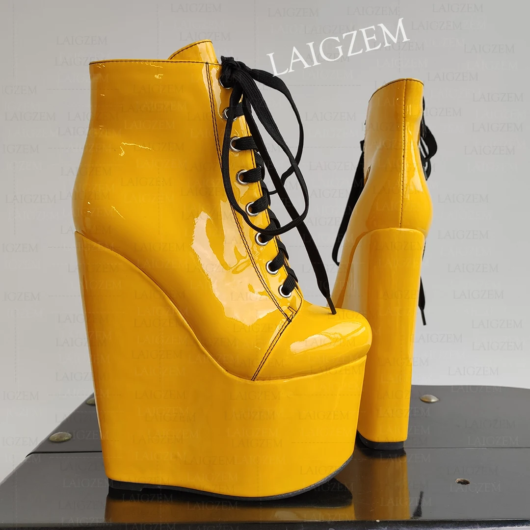 Women Ankle Boots Platform 18CM High Heels Side Zip Shiny Short