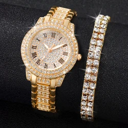 Elegant Gold Women's Watch & Bracelet Set with Full Diamond Design (Gold Set Without Box)
