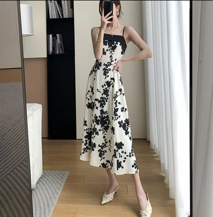 

French Retro Floral Chiffon Sling Dress Women's Summer Slim Waist Design Sleeveless Holiday Long Dresses s379