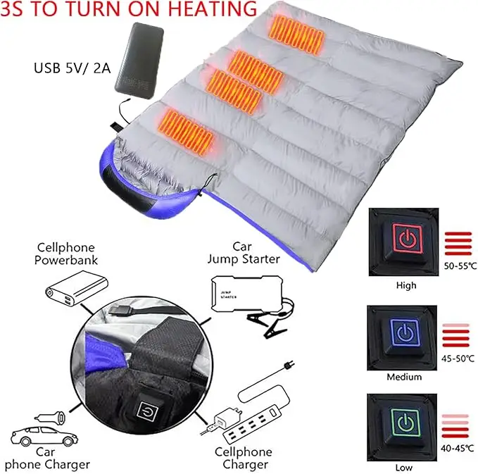 Heated Sleeping Bag with 20,000 mAh Power Bank, USB Powered, Lightweight Sleeping Bag, Waterproof, Warm Blanket Bag