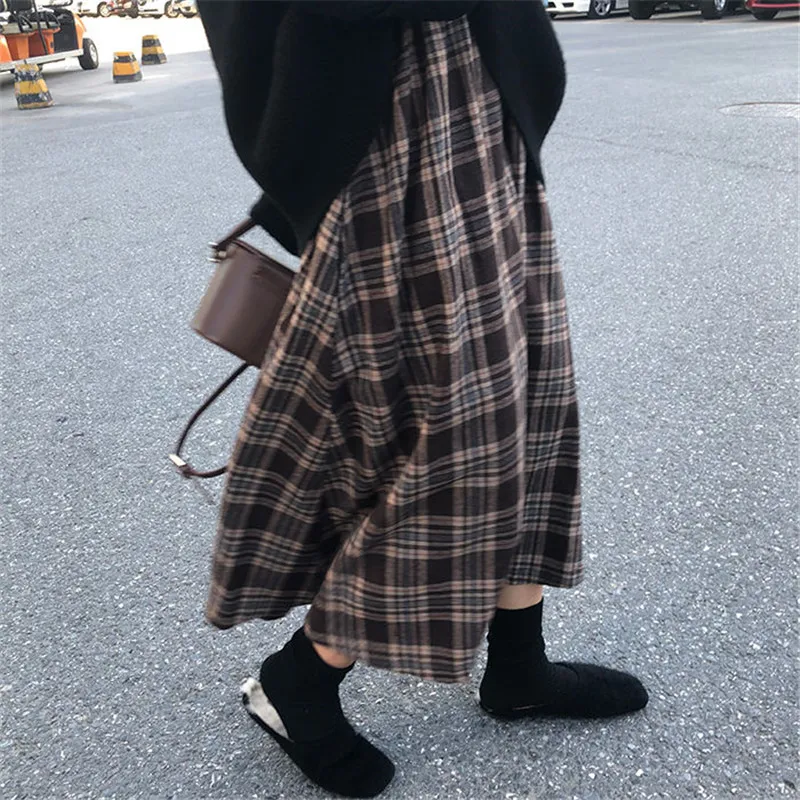 

Autumn Winter Women Midi Skirt New Japanese Harajuku High Waist Plaid Female Plaid Skirt Streetwear Elegant Long Skirts