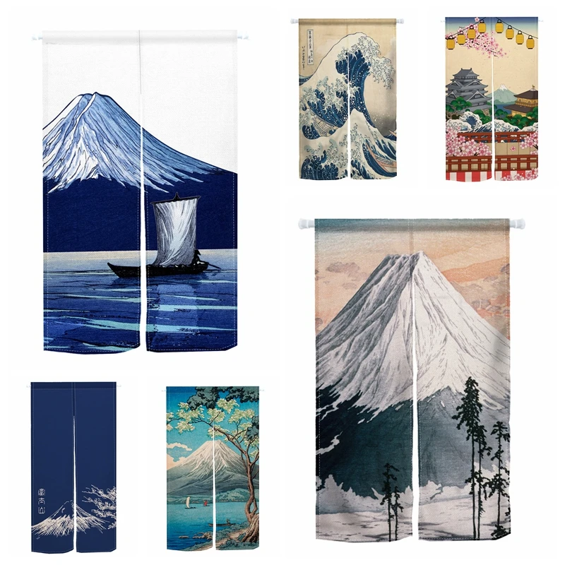 

Japanese Mount Fuji Door Curtain Cherry Blossoms Doorway Curtains Linen Drapes Restaurant Kitchen Entrance Hanging Half-Curtain