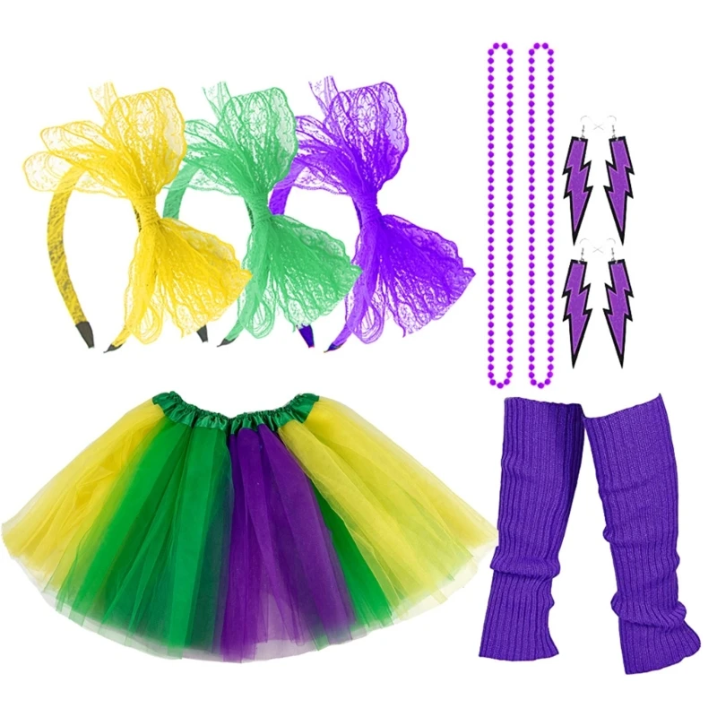 

Headband Necklace Skirt for Mardi Gras Party Carnival Gathering Costume Set