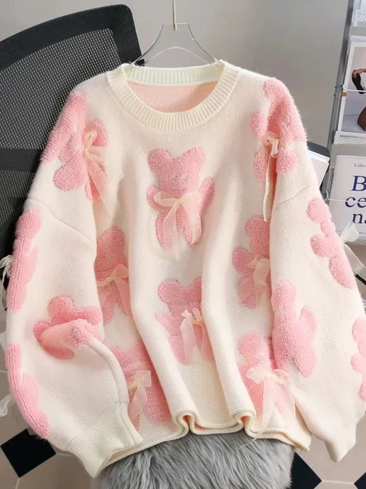 Jmprs Cute Bear Print Sweaters Women Lazy Wind Long Sleeve Bow