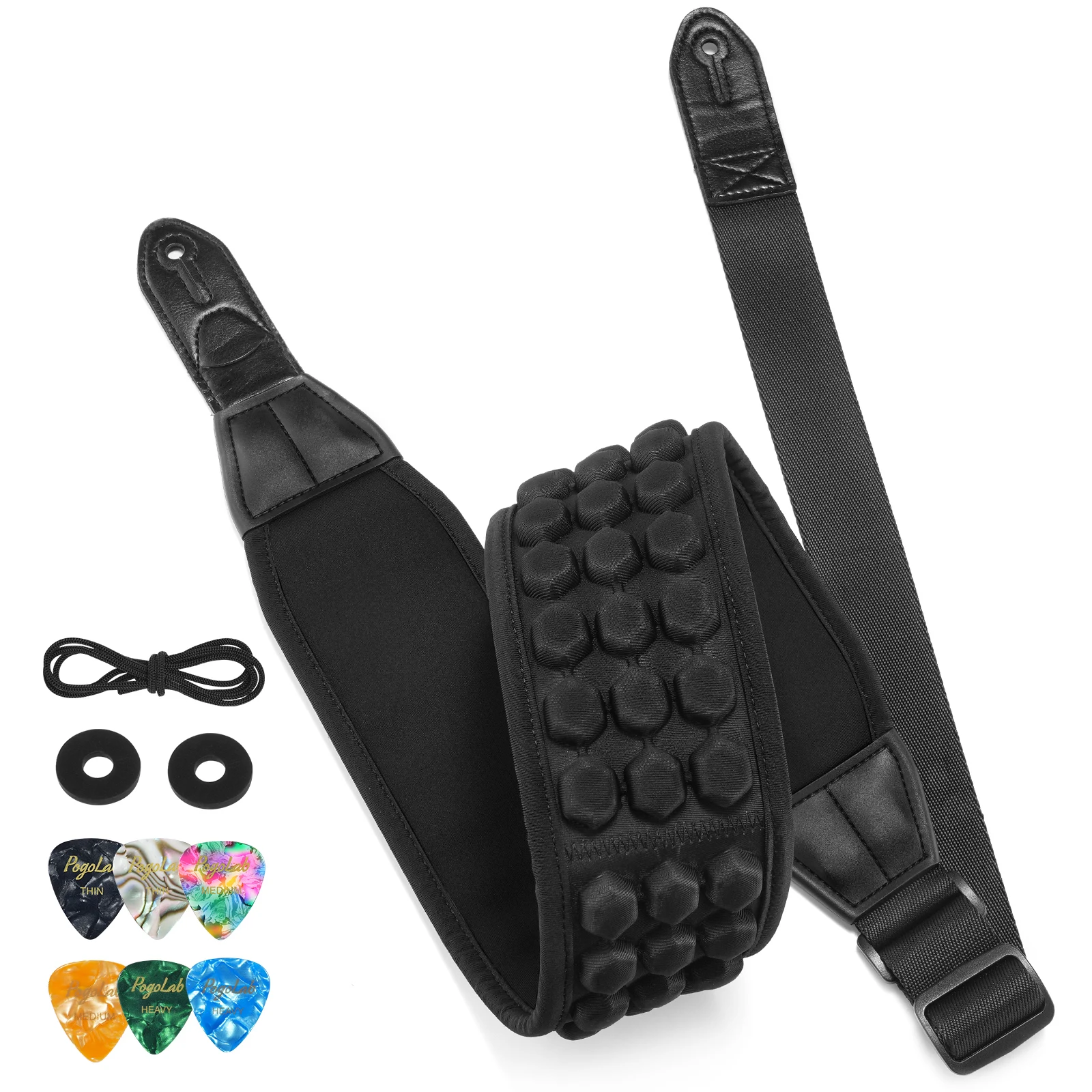 POGOLAB PGS-13 Guitar Strap 3.5" Wide Air Cell Cushions Neoprene Padded Soft Comfortable Bass with 2 Locks & 6 Picks String