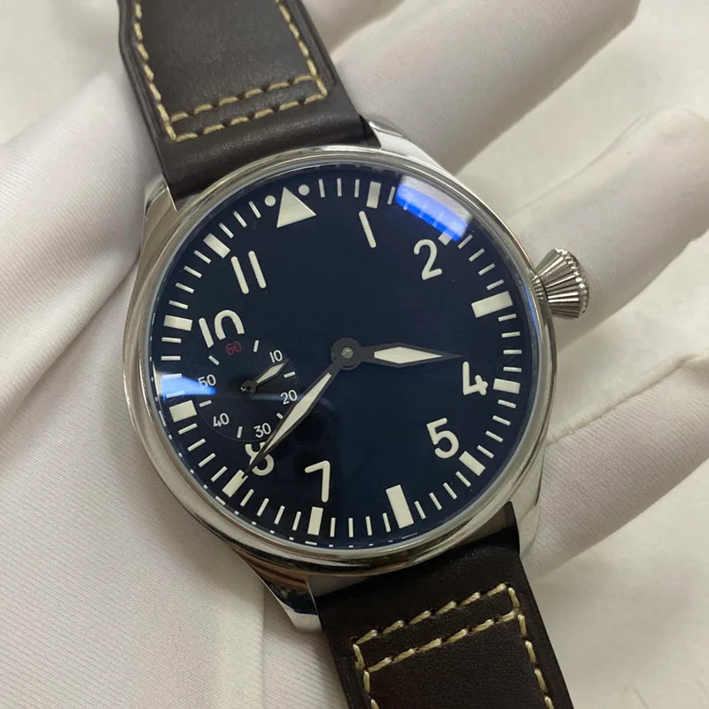 

44 MM Famous Brand Pilot Watch Mechanical Seagull 3600 Hand Wind Movement Sub-seconds Men Watches Brown Leather Strap