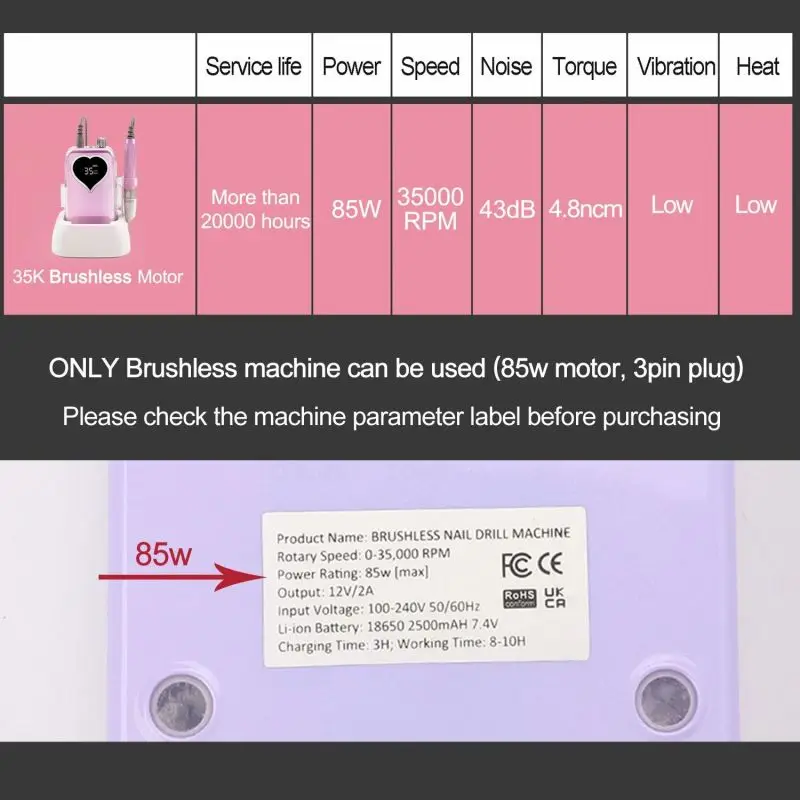 Brushless Nail Drill Replacement Handpiece 35KRPM Low Vibration Manicure Pen Metal Alloy Silent Polish Drill for Pedicure Salon 3