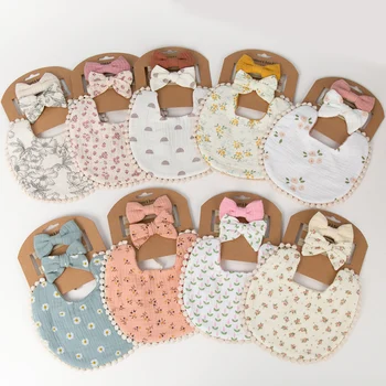 3Pcs/Set Baby Flower Bibs & Headbands Bow Nylon Hairbands Double Side Saliva Towel Feeding Burp Cloth Scarf Boys Girls Headwear 1