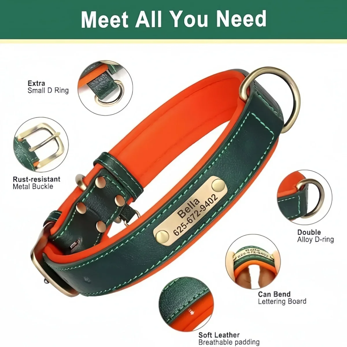 Personalized Soft Padded Leather Dog Collar and Leash with Engraved Nameplate