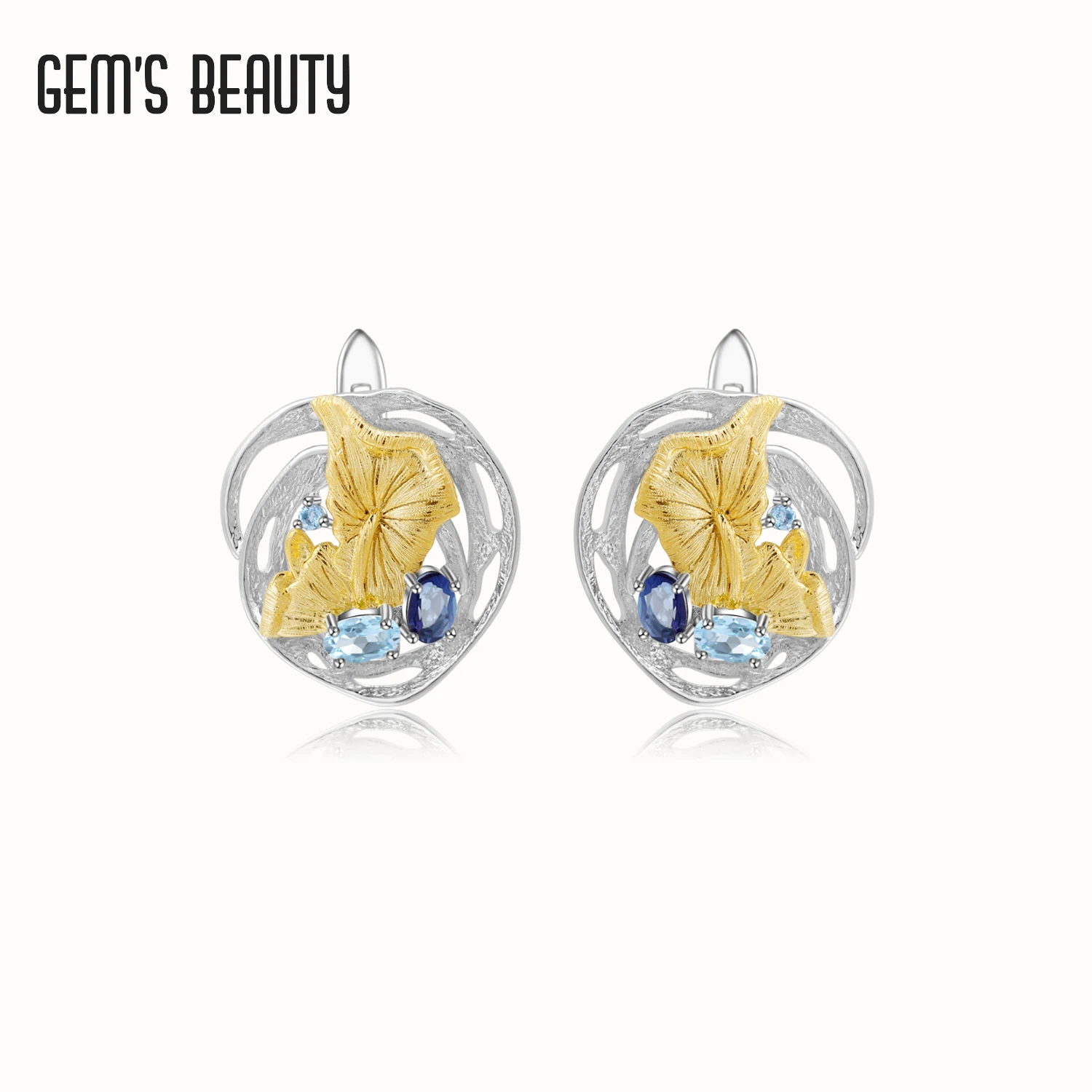 

GEM'S BEAUTY 925 Sterling Silver Lotus Earring For Women Oval Cut Natural Blue Topaz Handmade Birthstone British Buckle Earring