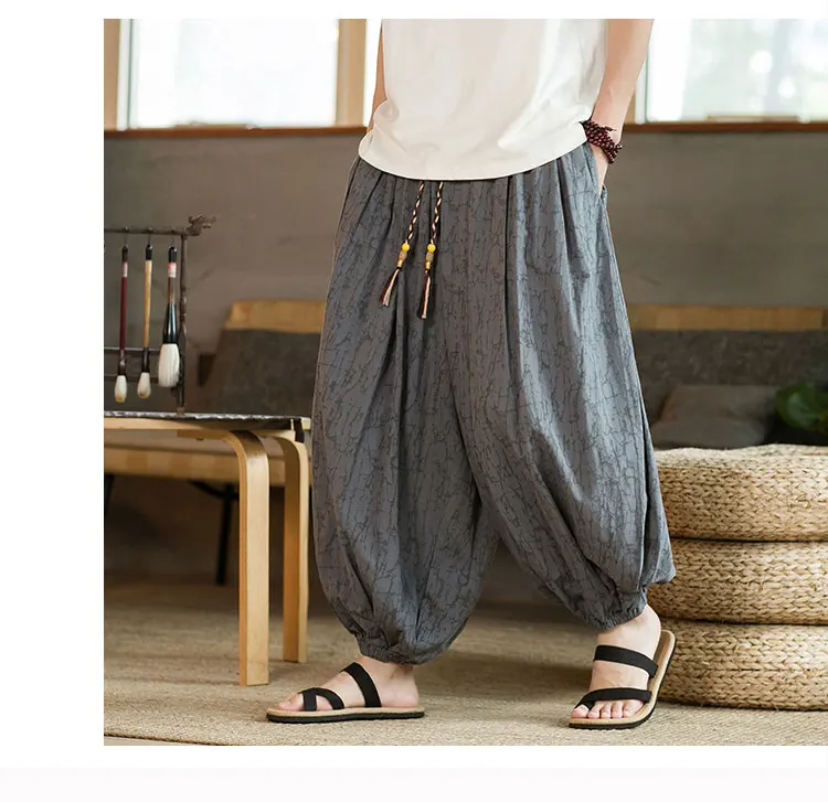 Description Picture 6 of itemPants Men Japanese Kimono Traditional Mens Cotton Linen Wide-leg Pants Japanese Samurai Casual Loose Hip Hop Men Yukata Trousers