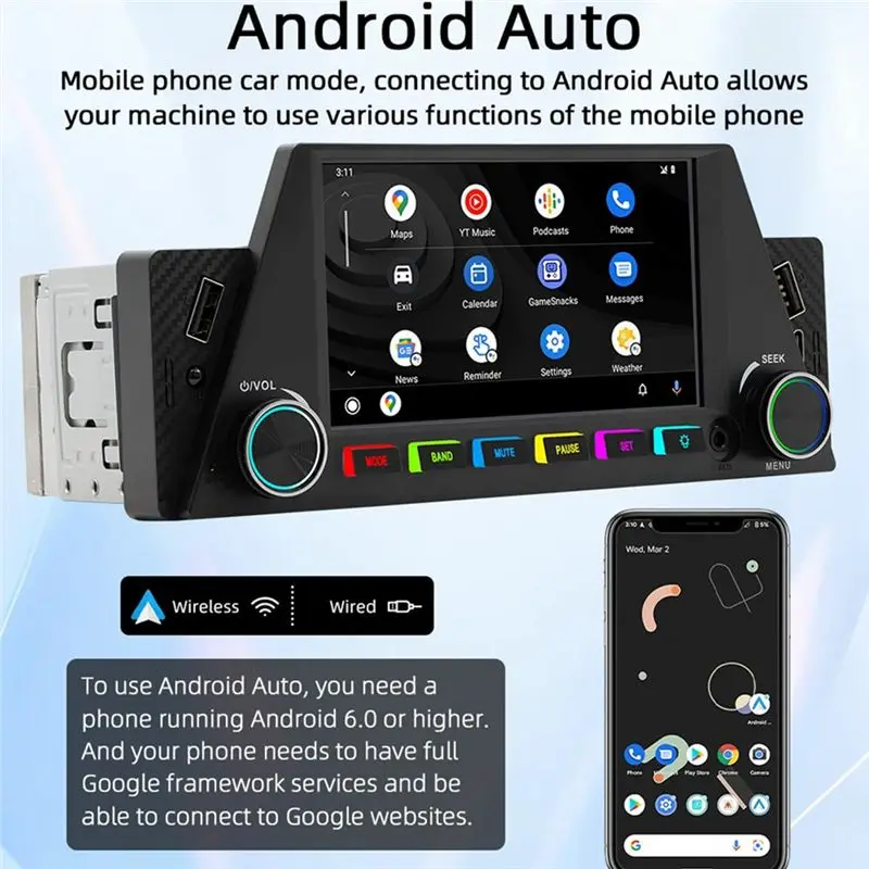 A95E-1 Din 4.7인치 차량용 라디오 무선 카플레이 안드로이드 오토 미러링크 RGB BT USB 타입-C 충전 FM 스테레오 후방 카메라
