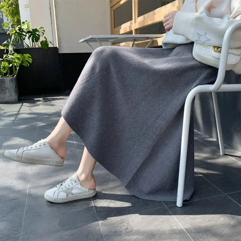 Autumn Winter Solid Color Pleated Umbrella Skirt Fashion Women Elastic A-line High Waist Knitted Long Skirts Elegant Warm Skirt