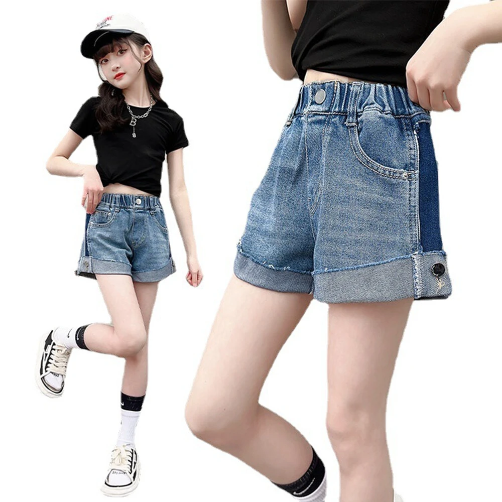Summer Baby Girls Button Denim Shorts With Pocket Kids Elastic Waits Jean Shorts For Girls Age 5 6 7 8 9 10 11 12 13 14Years Old