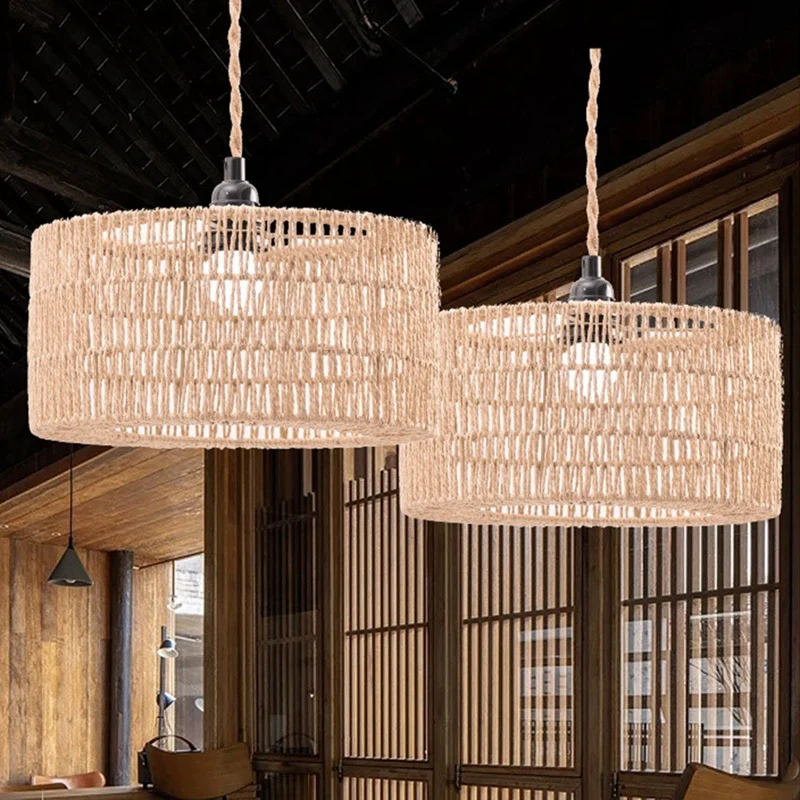 AB46-Paper Rope Lampshade Ceiling Light Shade Boho Chandelier Shade Bulb Guard For Restaurant Cafe Living Room