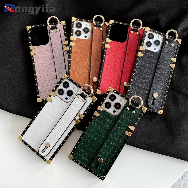 For iPhone 14 Pro Max 13 12 11 XS XR 7 8 Luxury Leather Wrist Strap Square  Case