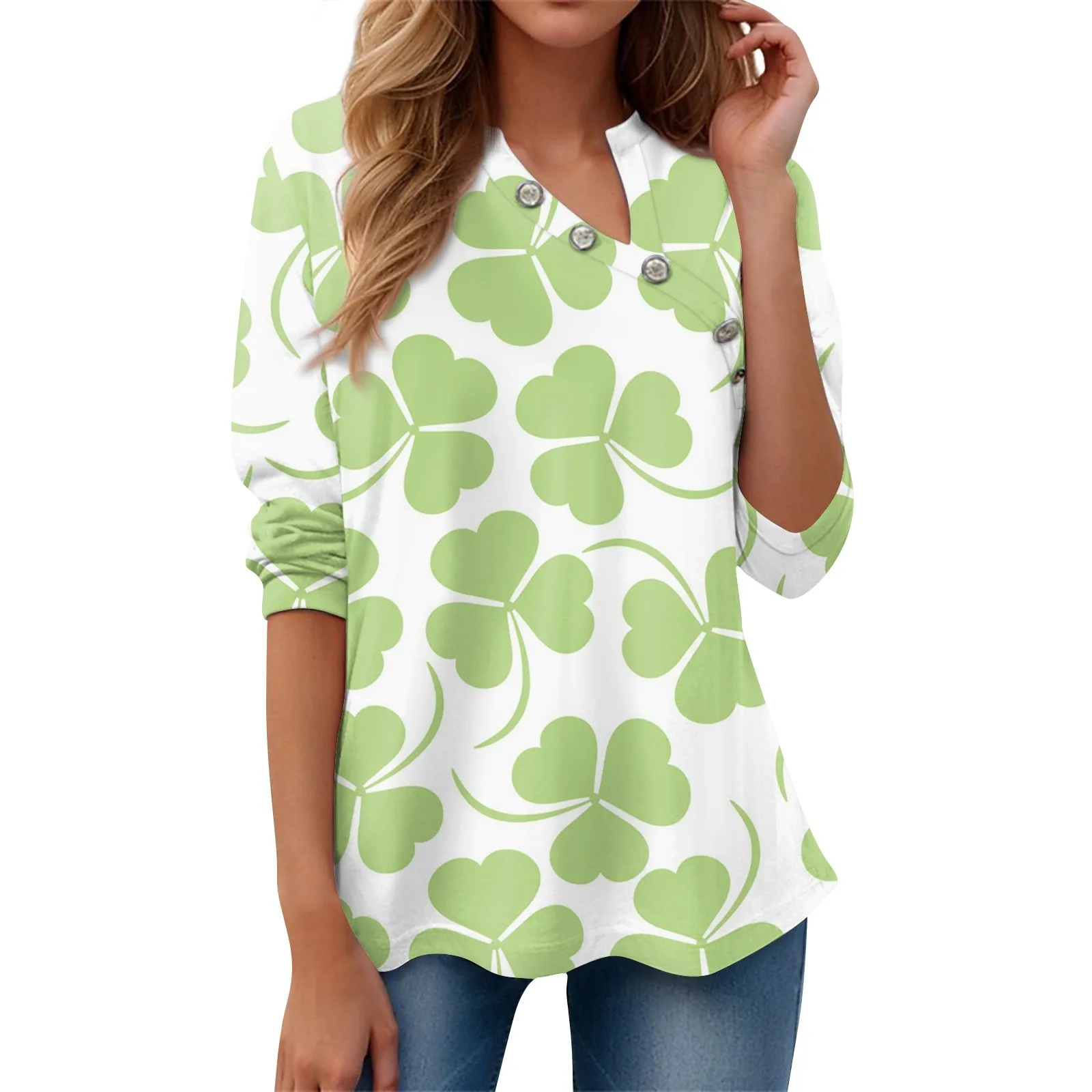 Damska Koszulka Tee St. Patrick'S Day Print Guzik Z Długim Rękawem Codzienna Moda Weekendowa Dekolt W Szpic Pulowerowe Topy Top Damska Moda