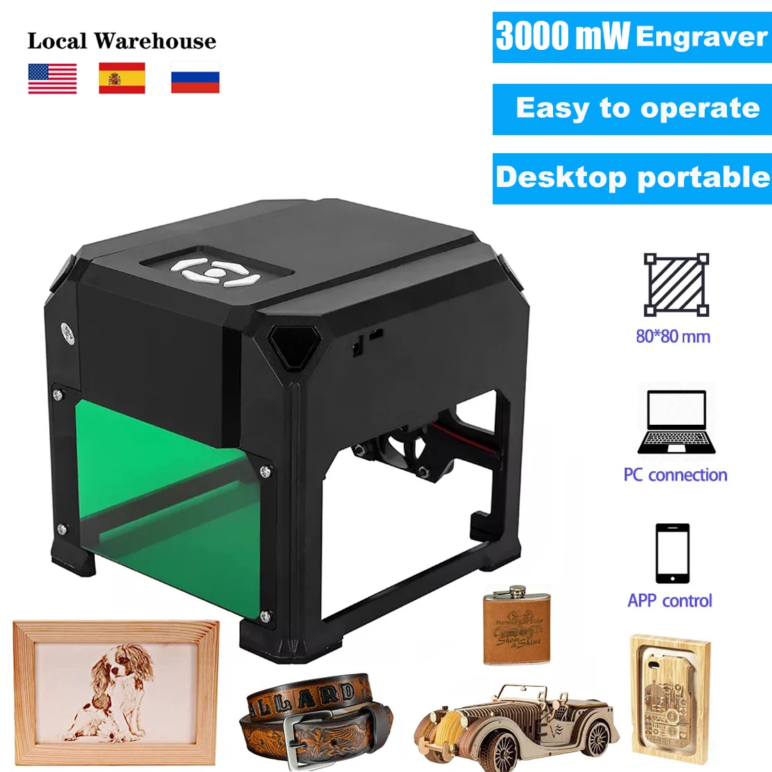 

3000mw Laser Engraver CNC 3w Mini Laser Engraving Machine DIY Logo Mark Printer Cutter 80*80mm Portable CNC Woodworking Machine