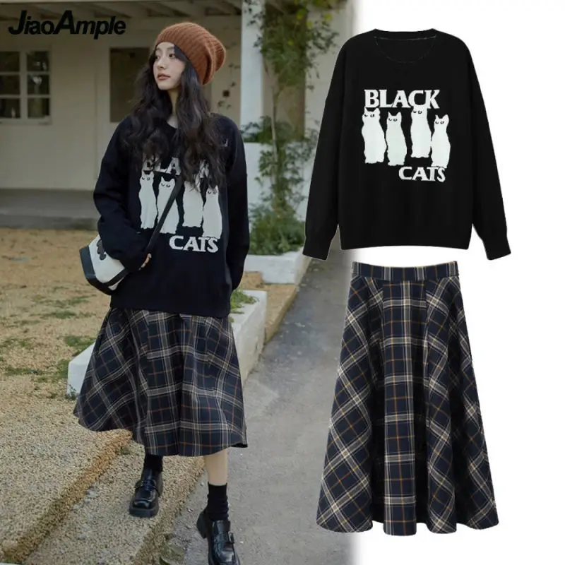 Women Casual Cat Print Sweatshirt Plaid Skirt 1 or 2 Piece Set Lady Fench Vintage O-Neck Pullover Tops A-Line Skirts Outfit 2023