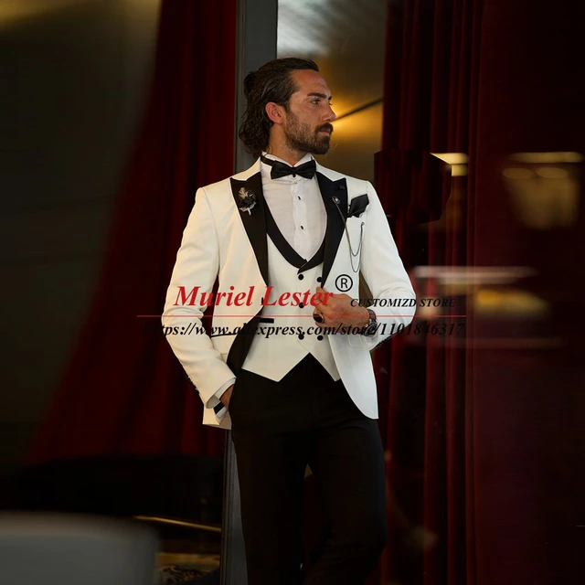 Smoking Business Suits Slim Fit Black Lapel White Jacket+Vest+Pants 3  Pieces Formal Groom Men Wedding Tuxedo Tailor-Made Blazers - AliExpress