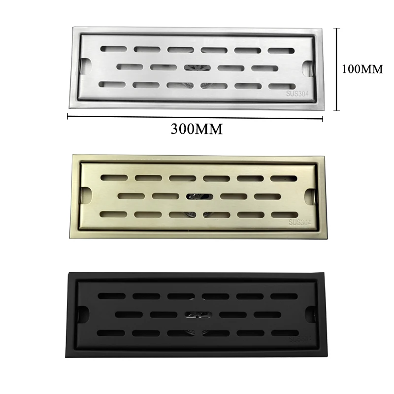 

Floor Drain Hair Catcher Bathroom Shower Drain Kitchen Toilet Waste Grates Anti-Odor Long Linear Drainage Brushed Gold Black