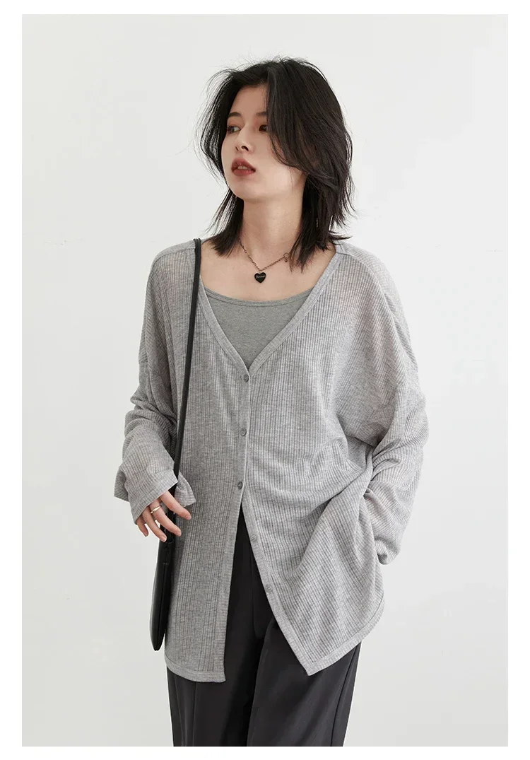 Solid V-neck Shirt Women Spring Single Breasted Chiffon Loose Slim All-match Sun Protection Thin Breathable Fashion Slim Cozy