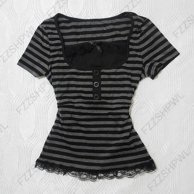 Gothic Harajuku Y2K Women's Crop Top Casual Slim Fit Striped Lace Bow Button Design Short Sleeve T-Shirt Chic Trendy Streetwear 1