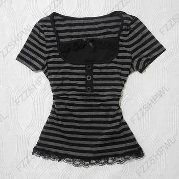 Gothic Harajuku Y2K Women's Crop Top Casual Slim Fit Striped Lace Bow Button Design Short Sleeve T-Shirt Chic Trendy Streetwear 1