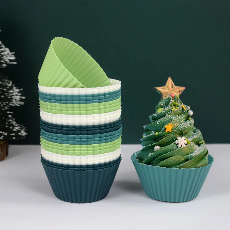 12Pcs Silicone Muffin Cupcake Cup Liners Round Baking Mold Christmas Home Kitchen Supplies Birthday Party Cake Decorating Tools