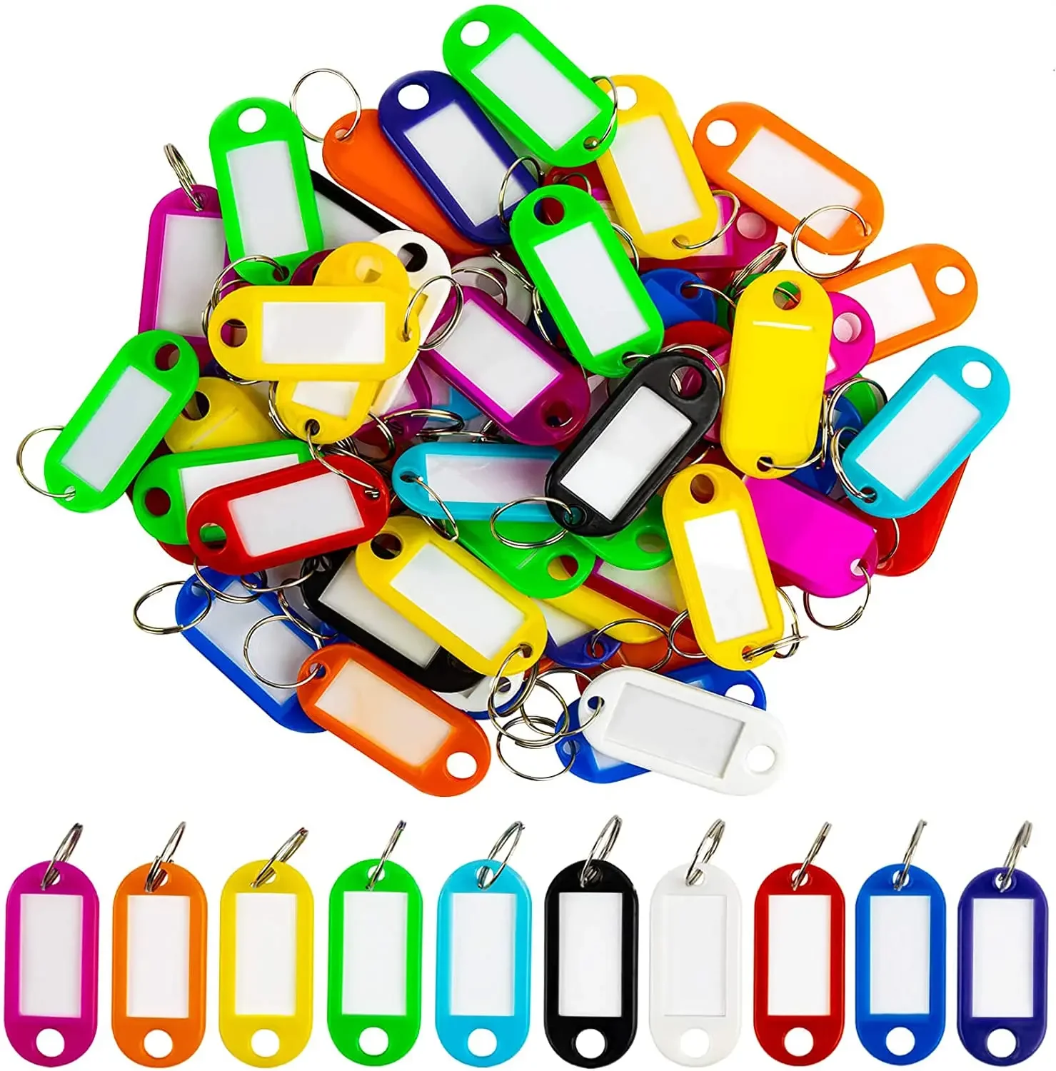 

100 X Coloured Plastic Key Fobs Luggage ID Tags Labels Key rings with Name Cards, For Many Uses - Bunches Of Keys, Luggage