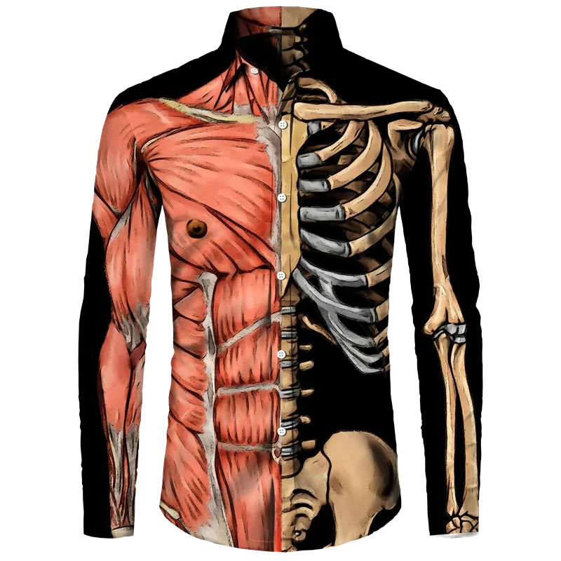 Camisa con botones de esqueleto con estampado 3D divertido para hombres y mujeres, camisetas de manga larga para carnaval, Halloween, Cosplay, ropa de calle unisex para hombre