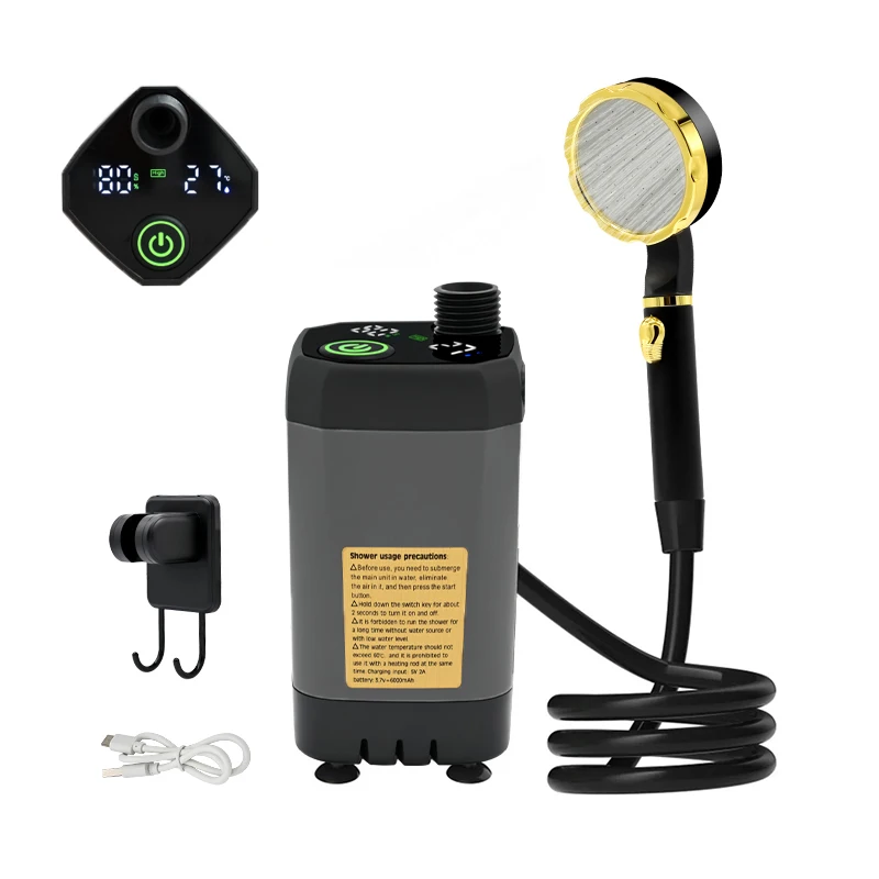 Camping Shower Pump RV Outdoor Shower Kit Camp Shower w/Full Screen Intelligent Digital Display Adjustable 6000mAh Shower Kit 1