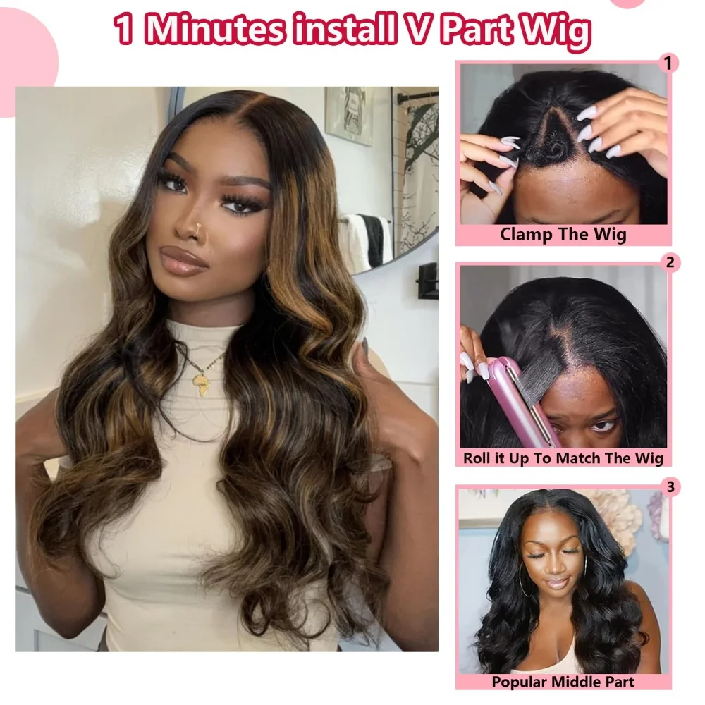 Body Wave V Part Human Hair Wigs 1B/30 Highlight 30 Inch V Part Wig Human Hair Glueless Wear And Go For Black Women 250% Density