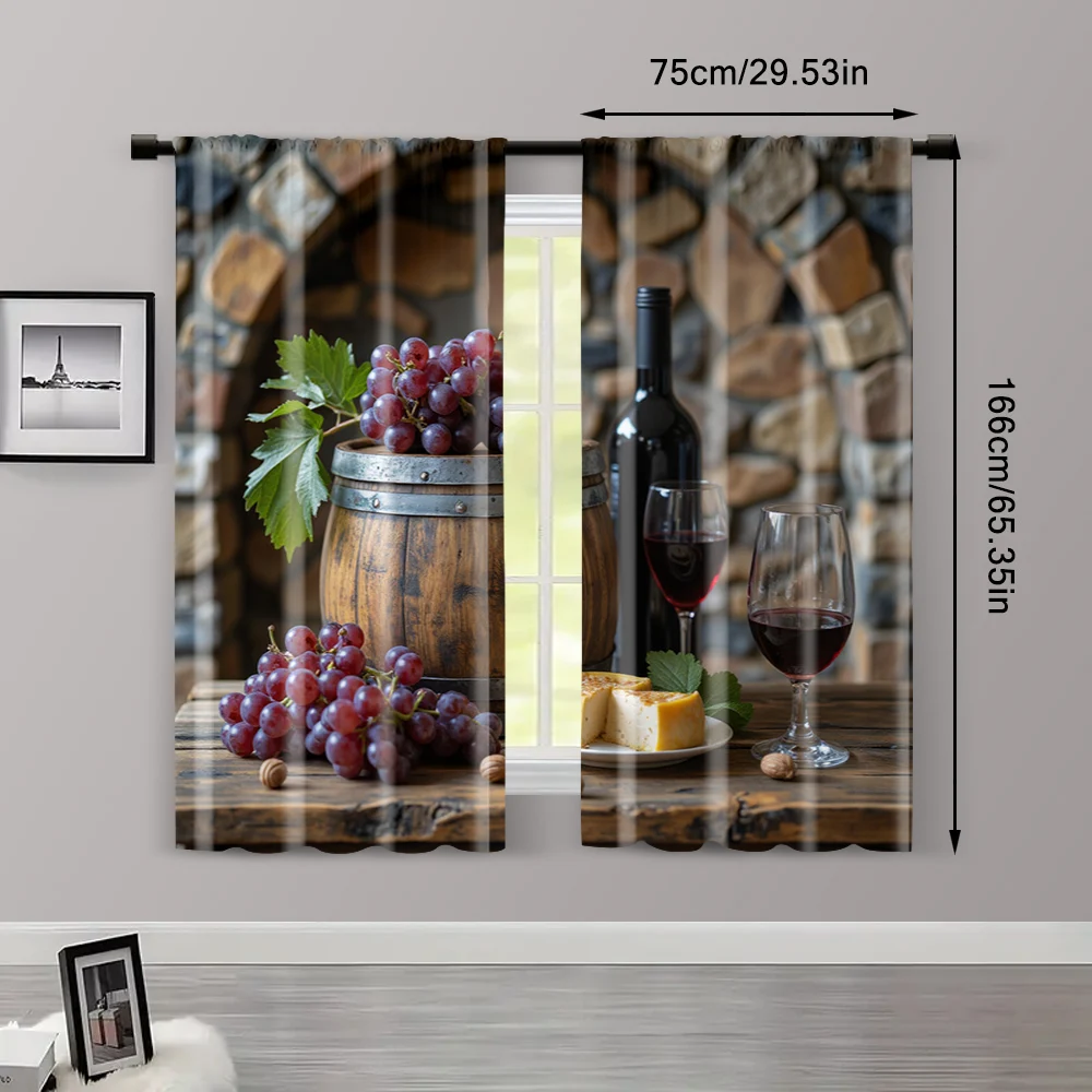 2pcs, Curtain Cloth Grapes & Red Wine Theme Durable Polyester (without rod) Art Deco Festive Use for Bedroom, Kitchen, Office & 3