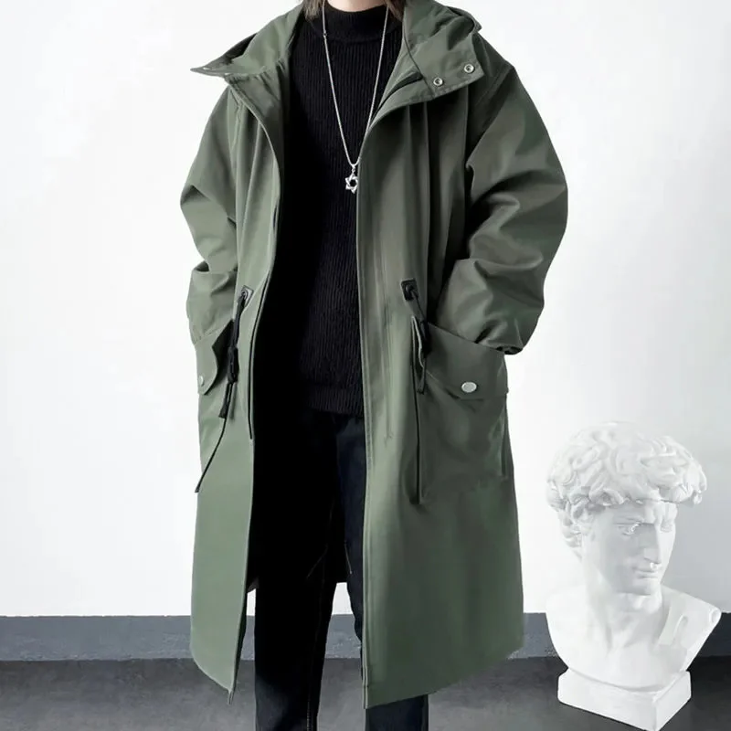 2023 Spring Autumn Army Green Windbreaker Fashion Men Mid-length Casual Hooded Coat Men Daily High Street Overcoat Male Clothes