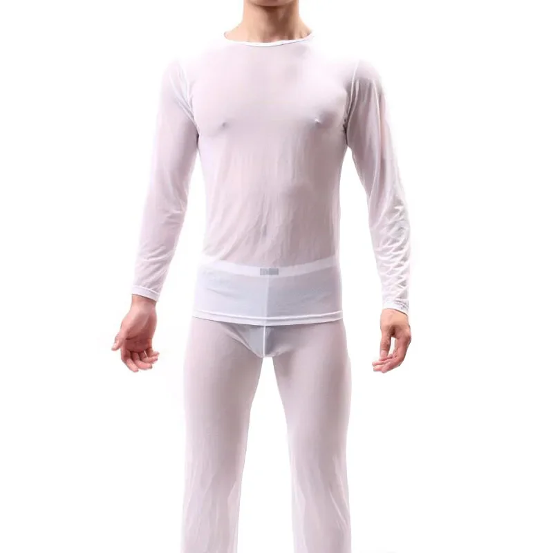 KWAN.Z pijama hombre thin transparent sexy men underwear pajamas sleepwear long sleevess pyjamas men mesh comfortable set