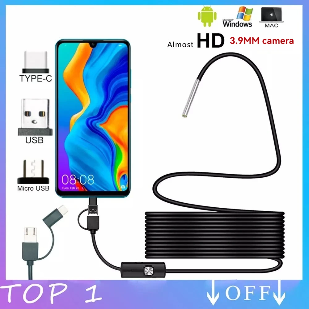 Borescopes 3.9mm USB Industrial Endoscope Type C 3-in-1 Borescope For Android With 6 LED Lights Tube Sink Drain Pipe Camera endoscope camera