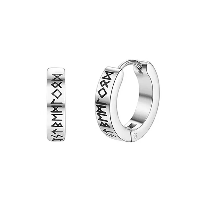 Stainless Steel Norwegian Viking Rune Hoop Earrings For Men Woman Unisex 12 Mm Huggie Hoop Religious Jewelry