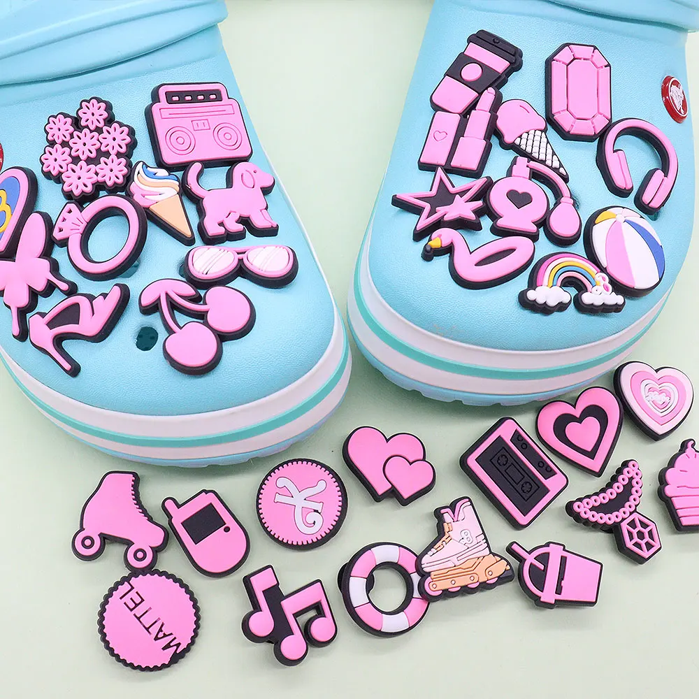 

Wholesale 50pcs PVC Shoe Charms Pink Butterfly Star Rainbow Heart Dog Accessories Shoe Buckles Fit Croc Jibz Kids X-mas Gift